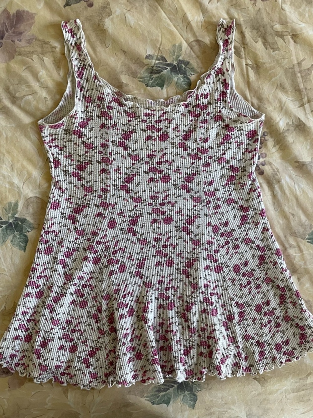 Floral waffle Henley Tank Top — White with Pink Floral Print